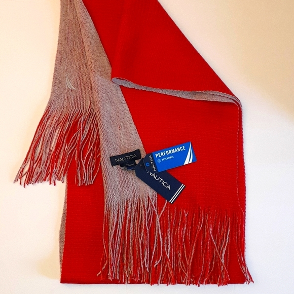 NAUTICA SCARF RED GRAY LIGHTWEIGHT LONG TASSELL  4 Season - Picture 1 of 3
